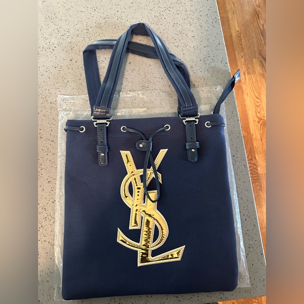 Novelty YSL Blue and Gold Canvas Tote Bag